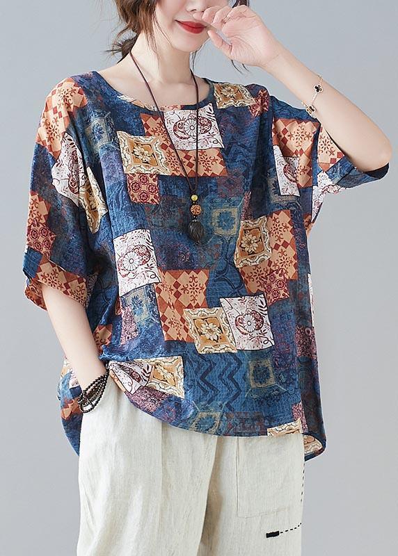 Simple Blue Print Loose Cotton Linen Shirt Tops Summer - Omychic