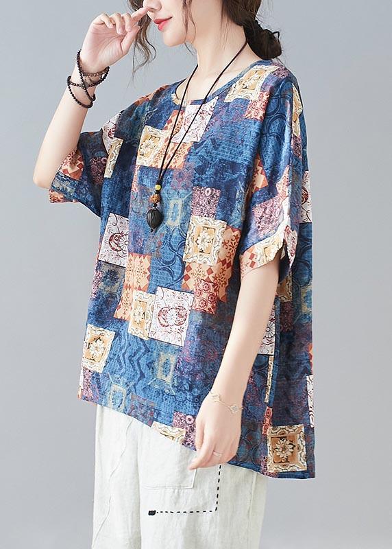 Simple Blue Print Loose Cotton Linen Shirt Tops Summer - Omychic