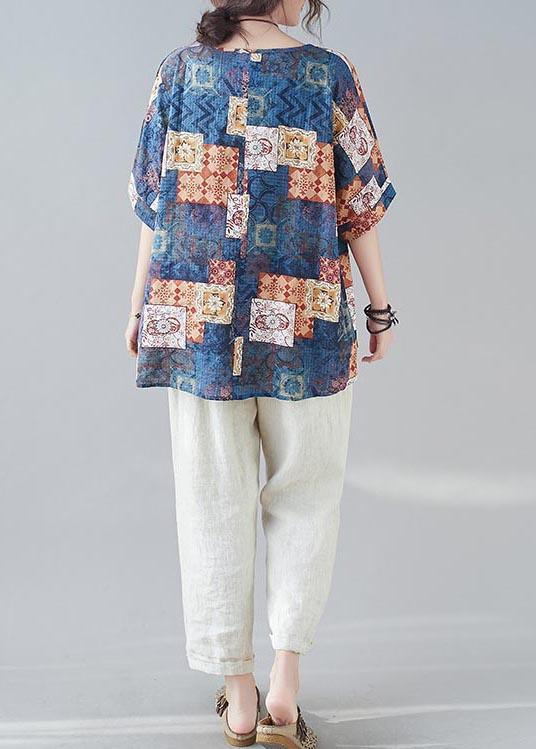 Simple Blue Print Loose Cotton Linen Shirt Tops Summer - Omychic