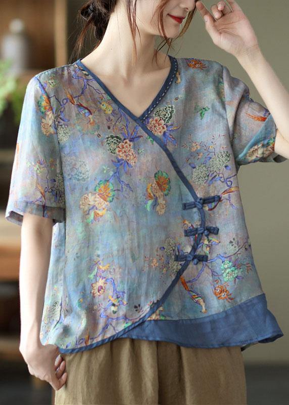 Simple Blue Print Ramie Oriental Summer Tops - SooLinen