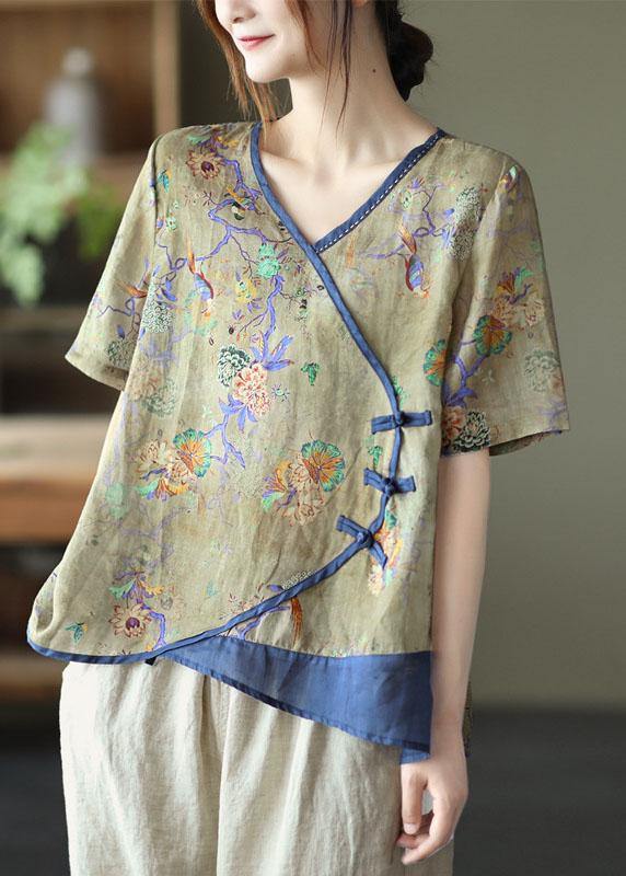 Simple Blue Print Ramie Oriental Summer Tops - SooLinen