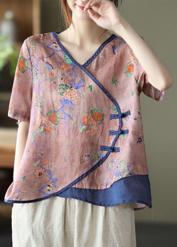 Simple Blue Print Ramie Oriental Summer Tops - SooLinen