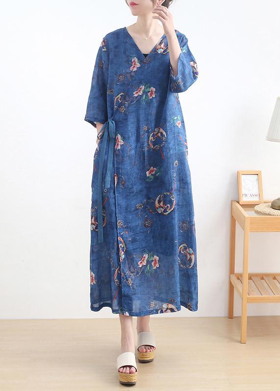 Simple Blue Print tie waist Long Dresses Summer Ramie - Omychic