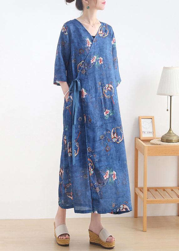 Simple Blue Print tie waist Long Dresses Summer Ramie - Omychic