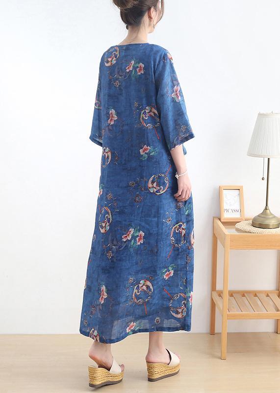 Simple Blue Print tie waist Long Dresses Summer Ramie - Omychic