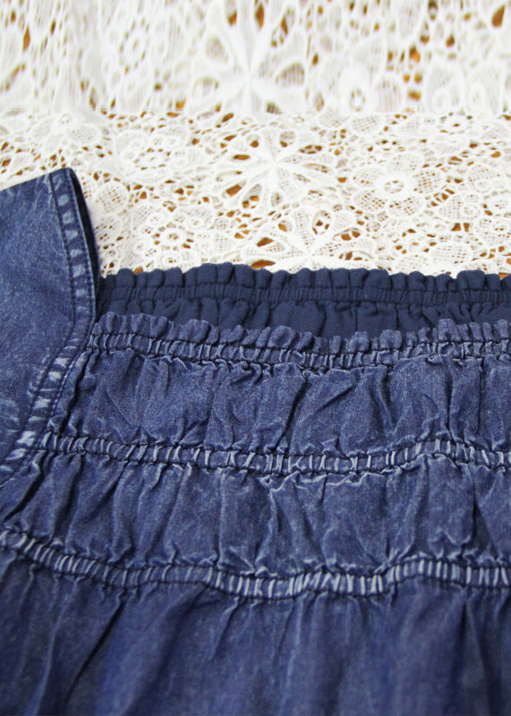 Simple Blue Square Collar Asymmetrical Lace Patchwork Cotton Vacation Dresses Short Sleeve