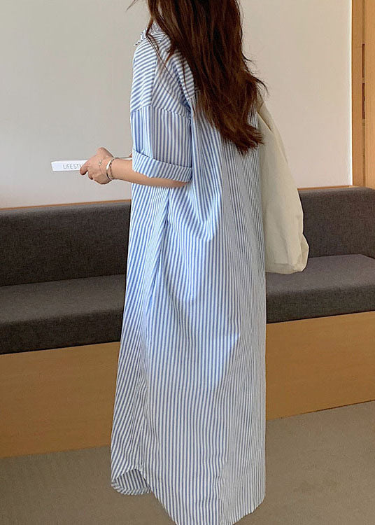 Simple Blue Striped long shirts Cotton Dress Short Sleeve