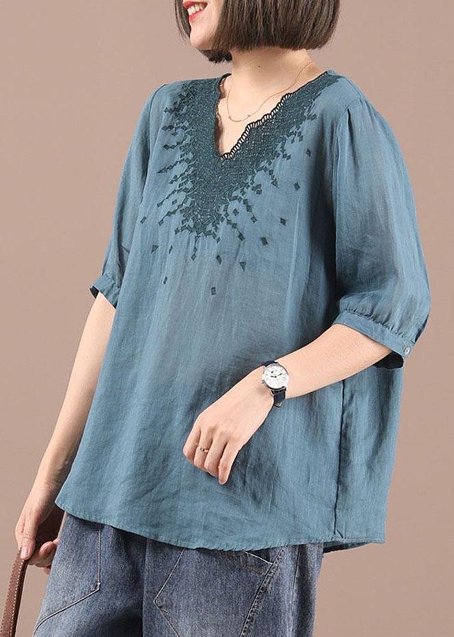 Simple Blue V Neck Embroideried Summer Shirt Top - Omychic