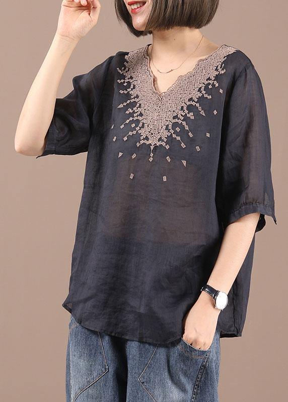 Simple Blue V Neck Embroideried Summer Shirt Top - Omychic