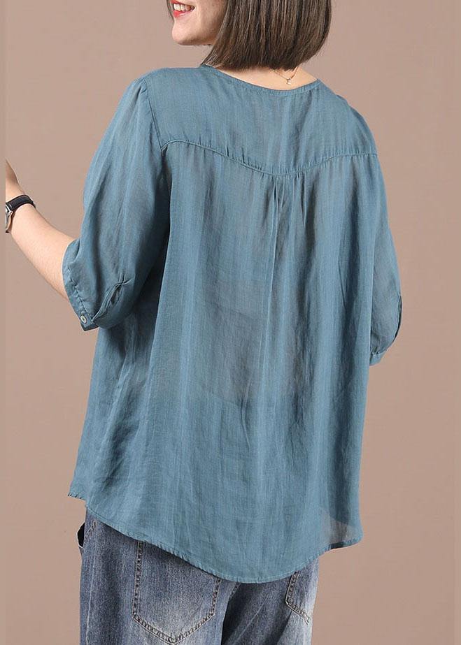 Simple Blue V Neck Embroideried Summer Shirt Top - Omychic