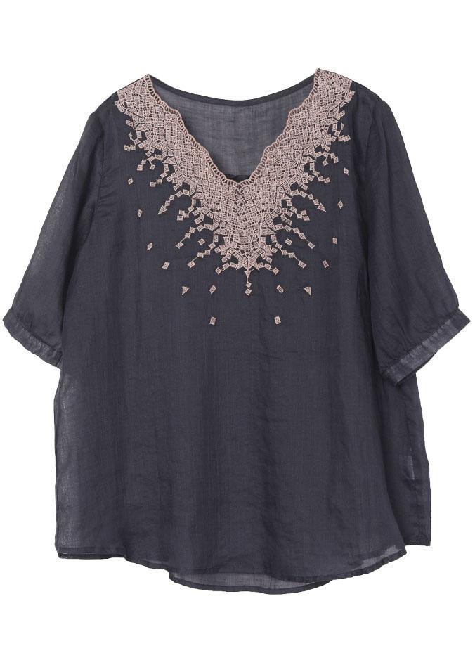 Simple Blue V Neck Embroideried Summer Shirt Top - Omychic