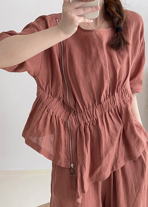 Simple Brick Red Asymmetrical Wrinkled Linen Shirts Summer