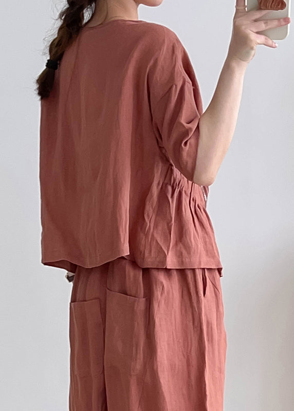 Simple Brick Red Asymmetrical Wrinkled Linen Shirts Summer