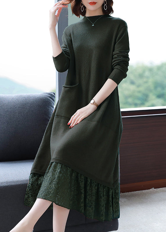 Simple Brown Pockets Lace Patchwork Knit Dresses Fall