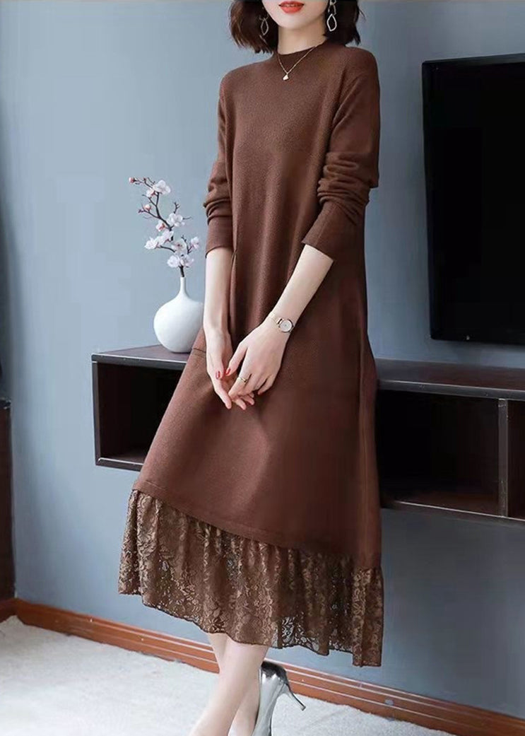 Simple Brown Pockets Lace Patchwork Knit Dresses Fall