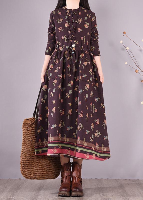 Simple Burgundy Print Dress Drawstring Plus Size Spring Dresses - Omychic