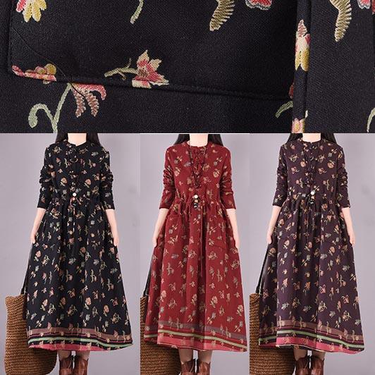 Simple Burgundy Print Dress Drawstring Plus Size Spring Dresses - Omychic