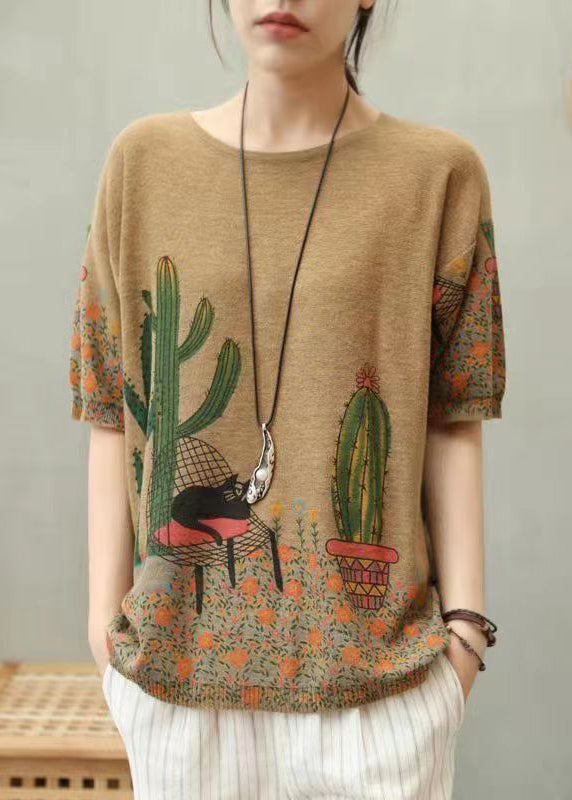 Simple Camel Print Patchwork Cozy Cotton Knit Top Summer