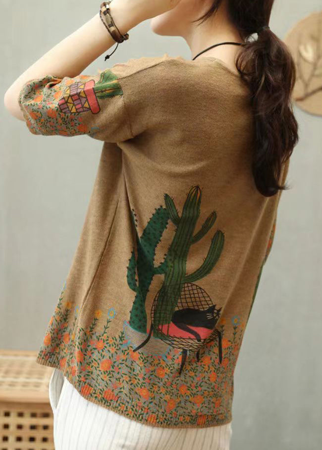 Simple Camel Print Patchwork Cozy Cotton Knit Top Summer