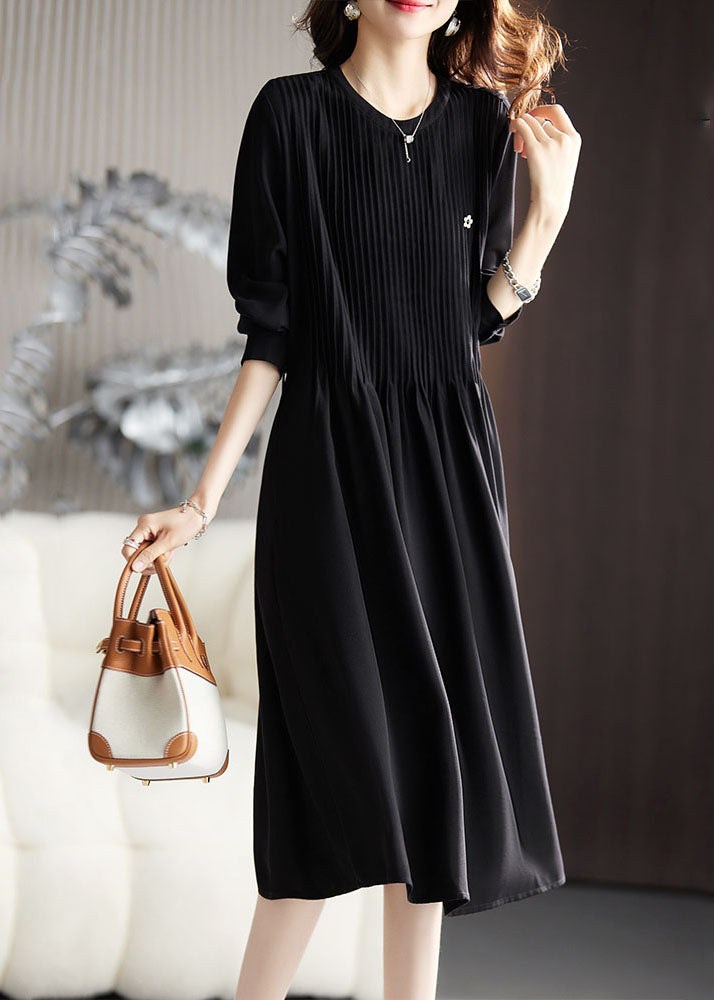 Simple Caramel O-Neck Wrinkled Maxi Dresses Long Sleeve