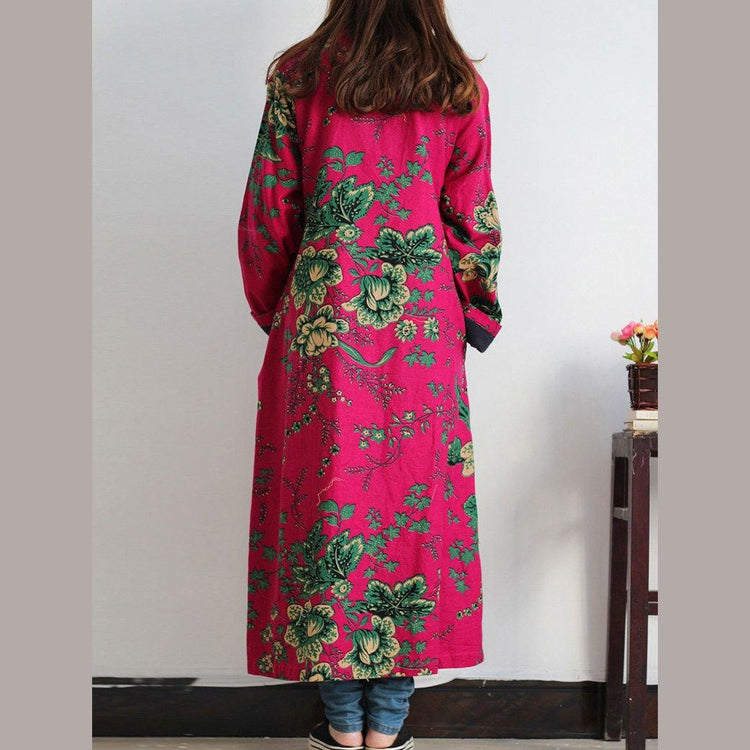 Simple Chinese Button Plus Size Long coats red prints  jackets fall - Omychic