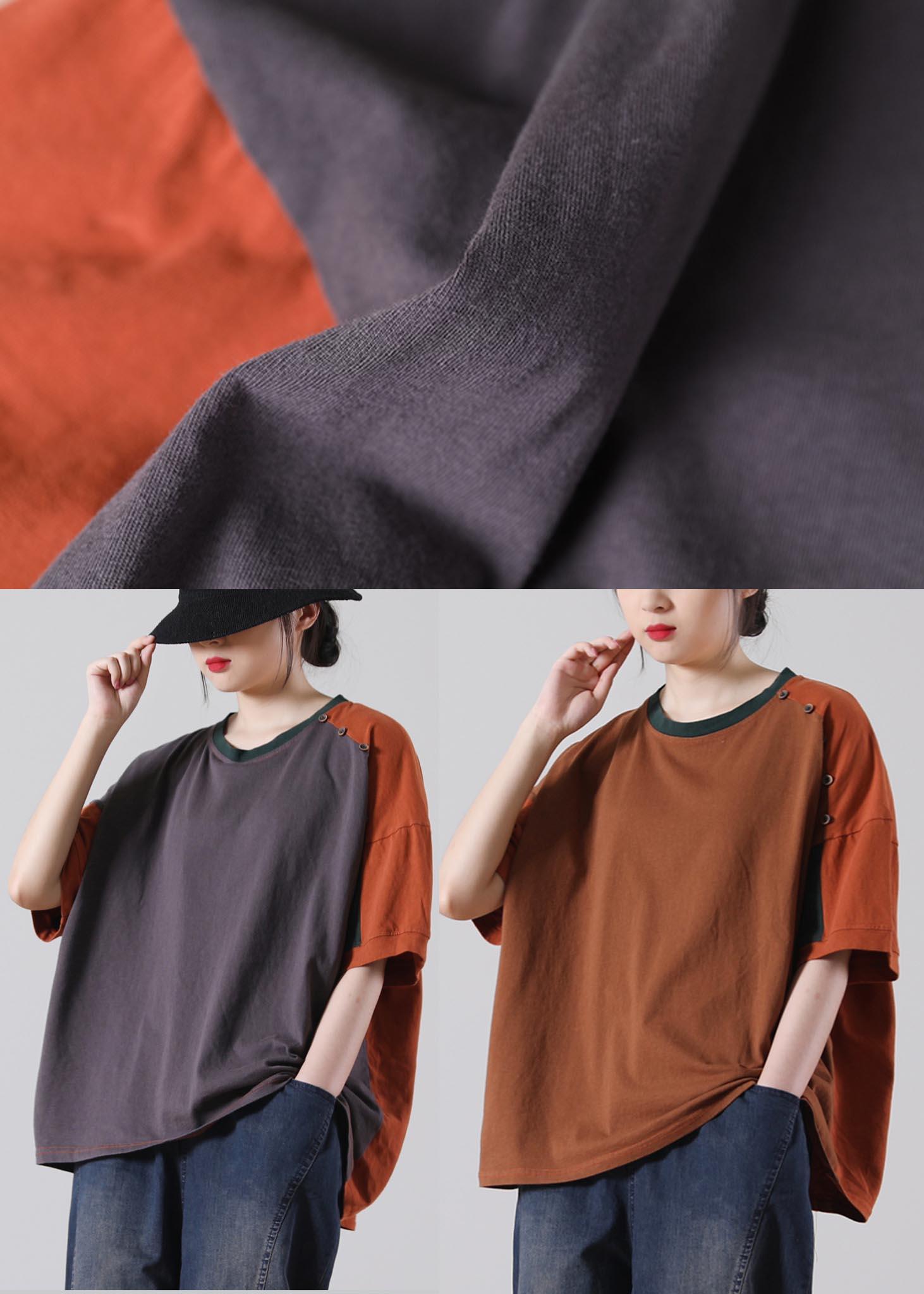 Simple Chocolate Patchwork O-Neck Cotton Top Summer - Omychic