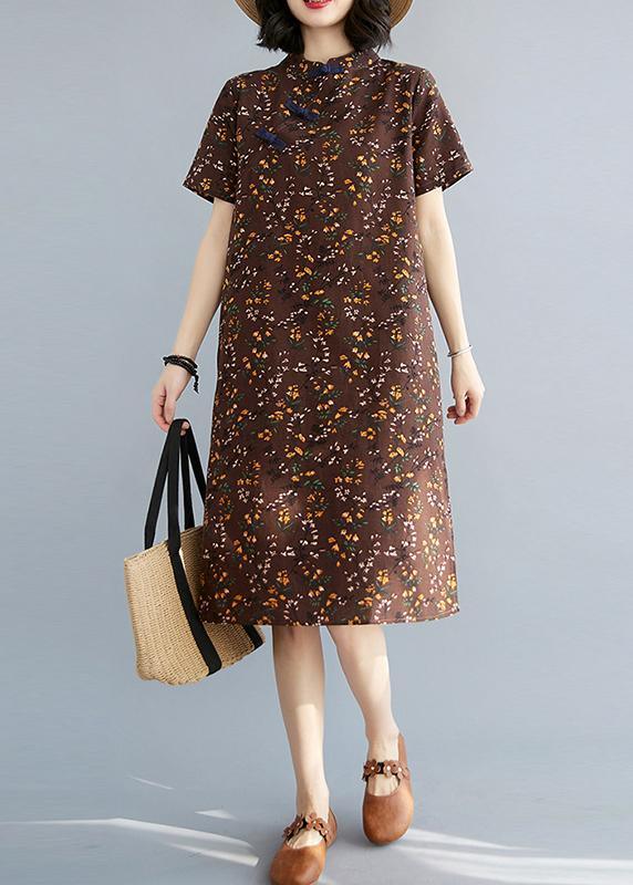 Simple Chocolate Print Oriental Maxi Summer Cotton Dress - Omychic