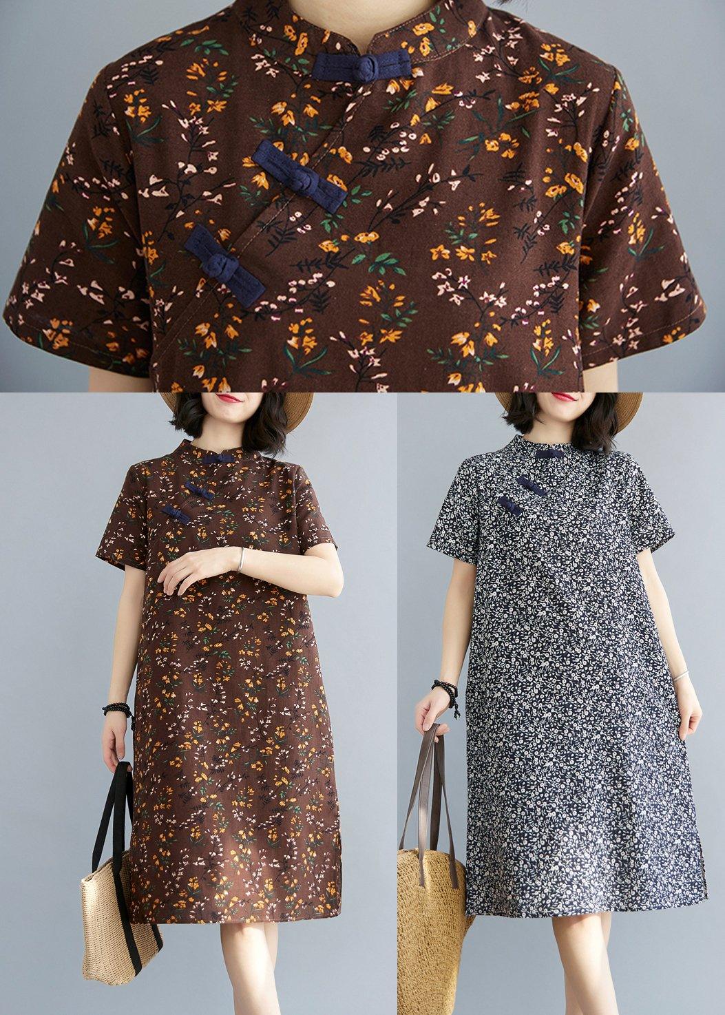 Simple Chocolate Print Oriental Maxi Summer Cotton Dress - Omychic