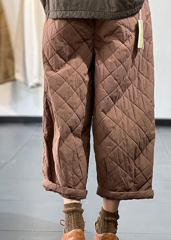 Simple Chocolate Elastic Waist Pockets Fine Cotton Filled Wide Leg Pants Winter