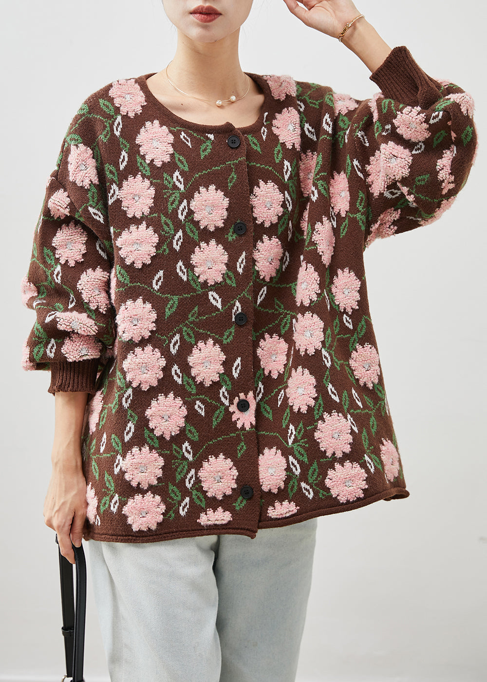 Simple Coffee Oversized Floral Jacquard Knit Cardigan Winter