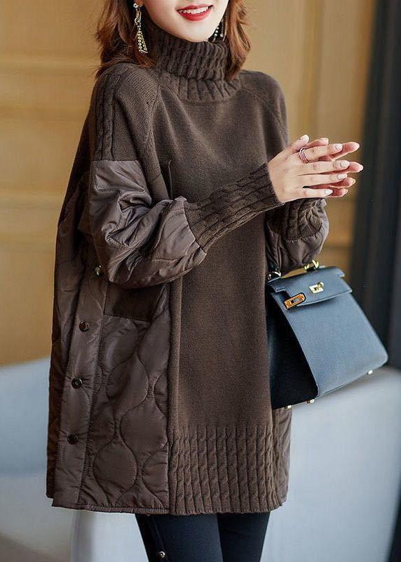 Simple Coffee Turtleneck Patchwork Loose Fall Knit sweaters - Omychic