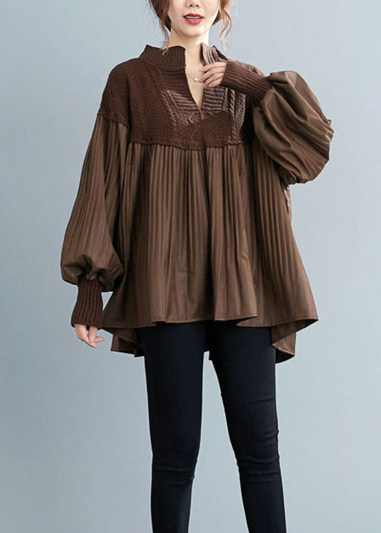 Simple Coffee V Neck Knit Patchwork Top Spring