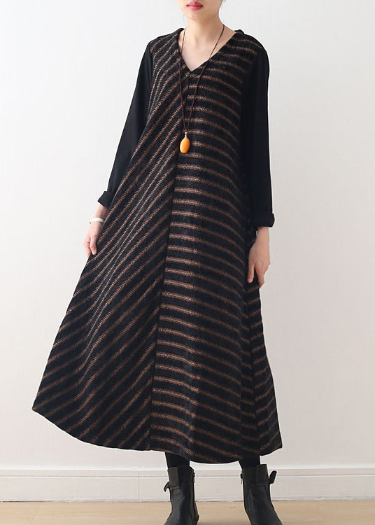 Simple Coffee V Neck Striped Woolen Maxi Dresses Fall
