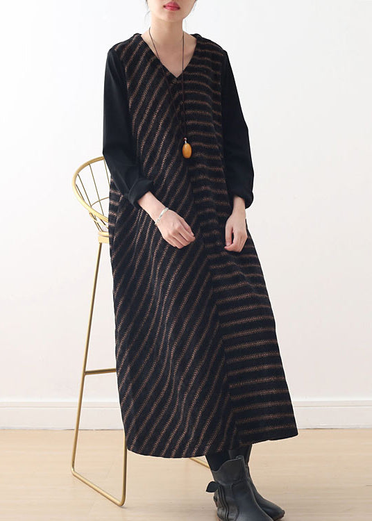 Simple Coffee V Neck Striped Woolen Maxi Dresses Fall