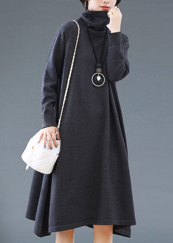 Simple Dark Grey Turtleneck Striped Patchwork Woolen Dress Fall