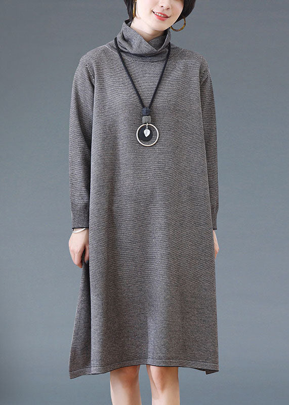 Simple Dark Grey Turtleneck Striped Patchwork Woolen Dress Fall