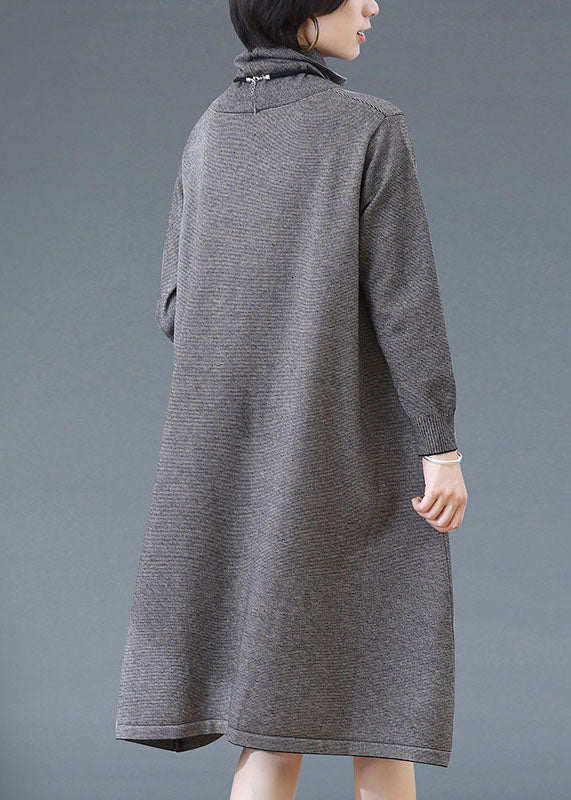 Simple Dark Grey Turtleneck Striped Patchwork Woolen Dress Fall