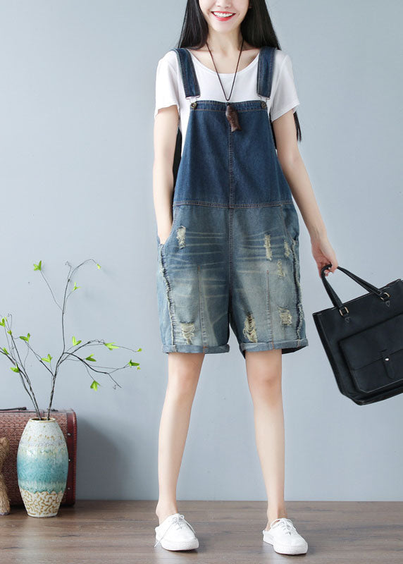 Simple Denim Blue Oversized Cotton Shorts Jumpsuit Ripped Jeans Summer