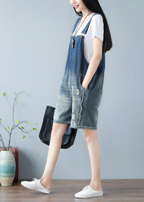 Simple Denim Blue Oversized Cotton Shorts Jumpsuit Ripped Jeans Summer