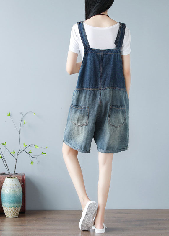 Simple Denim Blue Oversized Cotton Shorts Jumpsuit Ripped Jeans Summer