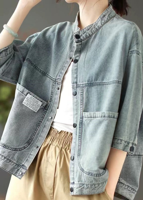 Simple Denim Blue Stand Collar Pockets Patchwork Button Jacket Spring