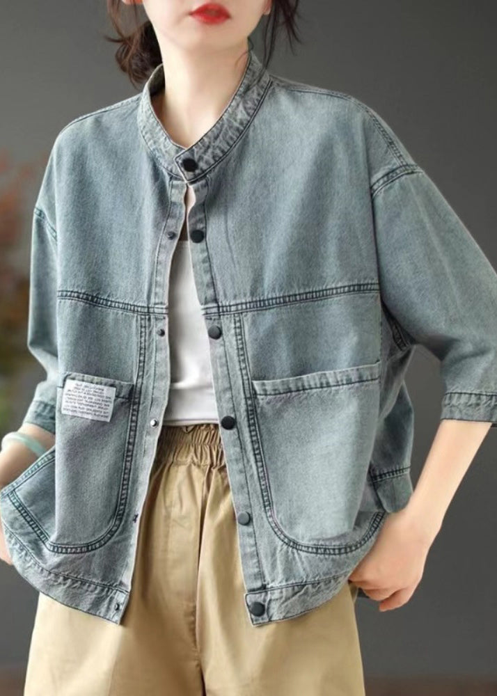 Simple Denim Blue Stand Collar Pockets Patchwork Button Jacket Spring