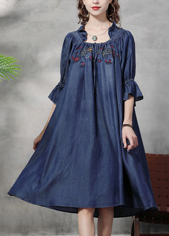Simple Denim Blue wrinkled Ruffled Embroidered Cotton silk Dress lantern sleeve