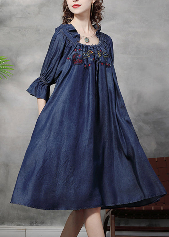 Simple Denim Blue wrinkled Ruffled Embroidered Cotton silk Dress lantern sleeve