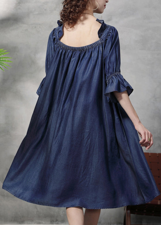 Simple Denim Blue wrinkled Ruffled Embroidered Cotton silk Dress lantern sleeve