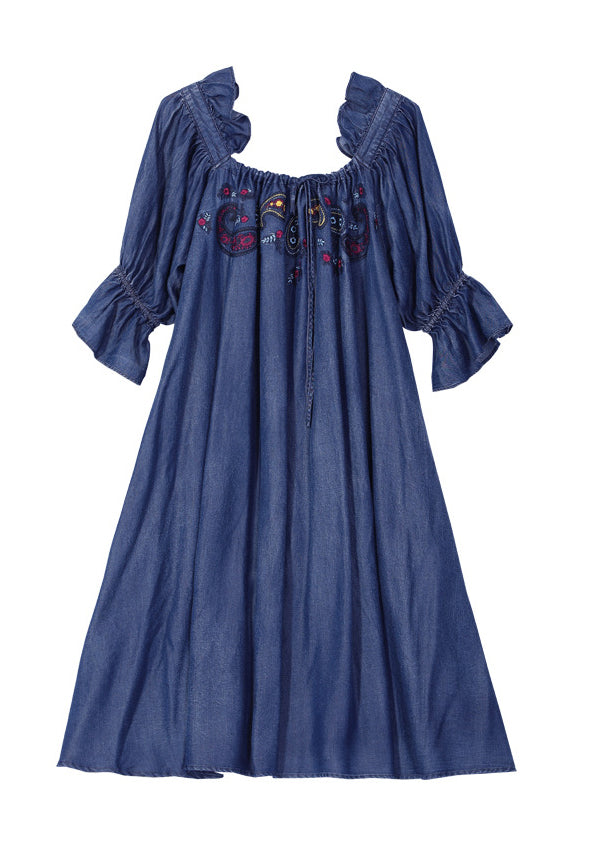 Simple Denim Blue wrinkled Ruffled Embroidered Cotton silk Dress lantern sleeve