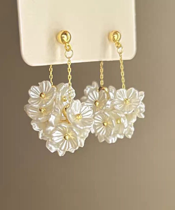 Simple Gold Alloy Pearl Floral Tassel Drop Earrings