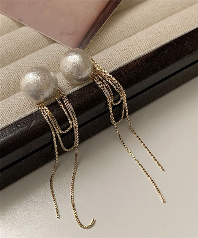 Simple Gold Copper Pearl Tassel Drop Earrings