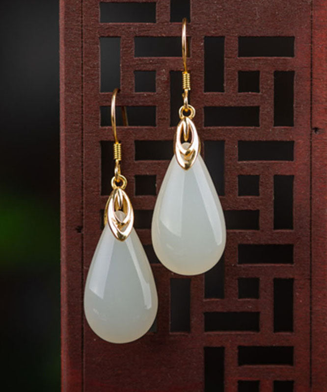 Simple Gold Sterling Silver Overgild 18K Gold Jade Water Drops Drop Earrings