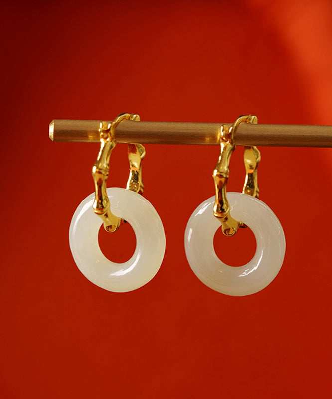 Simple Gold Sterling Silver Overgild Jade Bamboo Hoop Earrings - Omychic